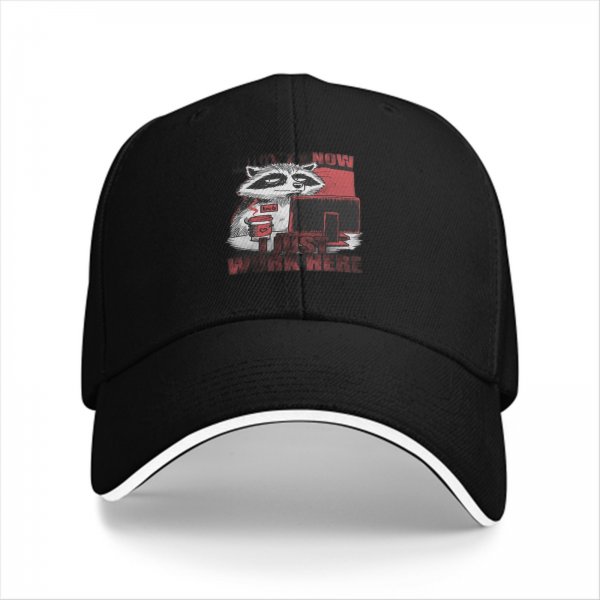 Black baseball cap with a tired raccoon office worker graphic