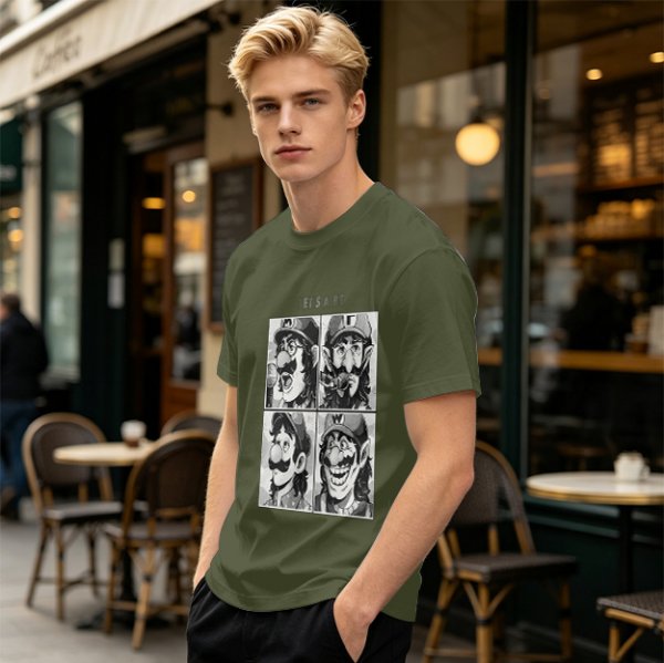 Olive T-Shirt with Retro Mario Brother Character Grid Art