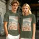 Olive t-shirt with ukiyo-e style ramen cat and Mount Fuji print