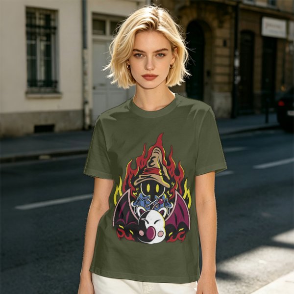 Olive T-shirt with Final Fantasy Vivi and Moogle Fire Artwork