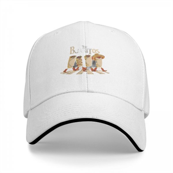 Black baseball cap with burritos crossing Abbey Road graphic