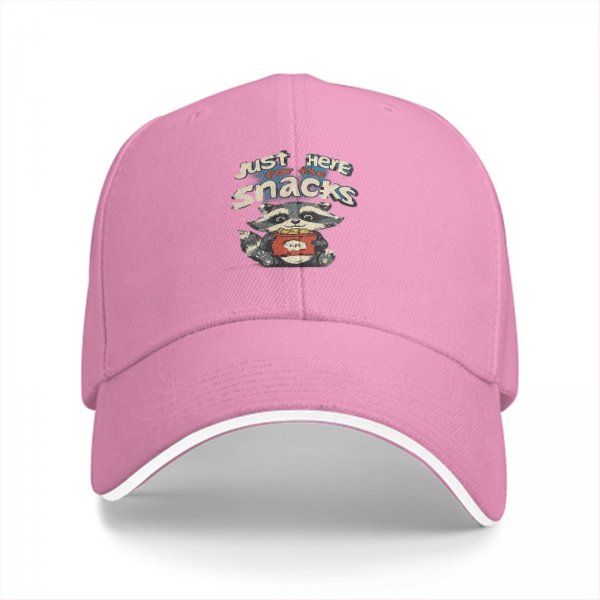 Black baseball cap with 'Just Here For The Snacks' raccoon graphic