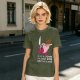 Olive t-shirt with Kirby holding knife and cake, text Calm Down I'm Only Here For The Cake