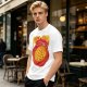 Olive green graphic t-shirt with pizza atom design