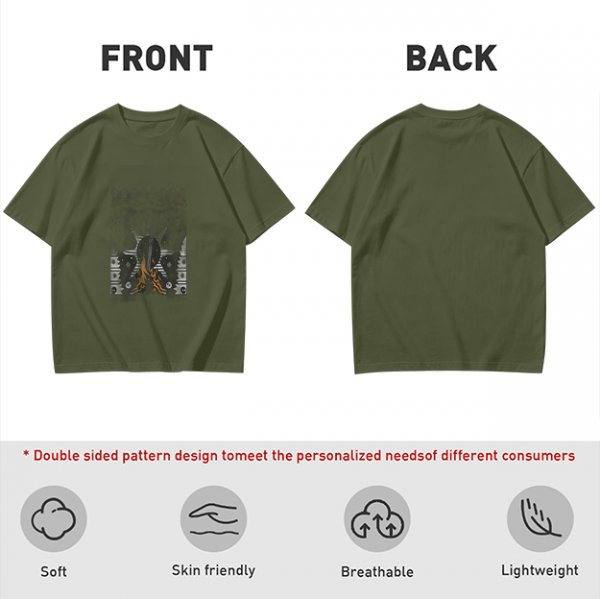 Olive green graphic t-shirt with symmetrical dark and orange artwork
