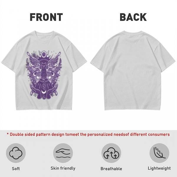 Olive T-Shirt with Celestial Cat Moth and Mystical Hands Print