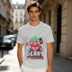 Olive graphic t-shirt with crying strawberry and 'berry stressed' text