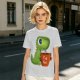 Olive green t-shirt with cute Tea Rex dinosaur holding a steaming tea mug