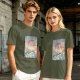 Olive T-shirt with Japanese style dragon and lightning graphic print