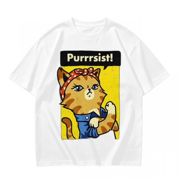 Olive green t-shirt with a cat in a Rosie the Riveter pose and 'Purrrsist!' text