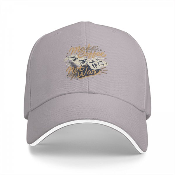 Black baseball cap with 'Make Coffee Not War' graphic print