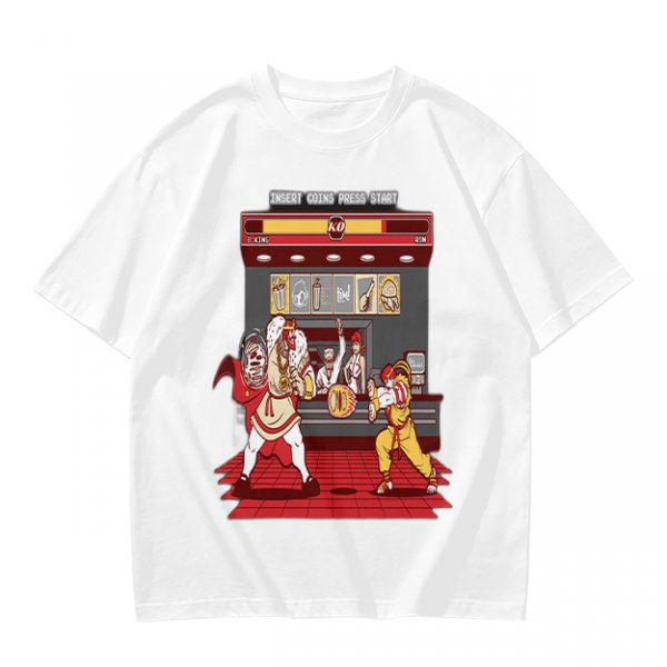 Olive T-shirt with Fast Food Themed Street Fighter Style Fight Artwork