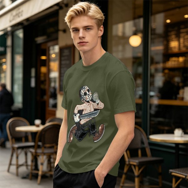 Olive T-Shirt with Cartoon Jason Voorhees Graphic Print