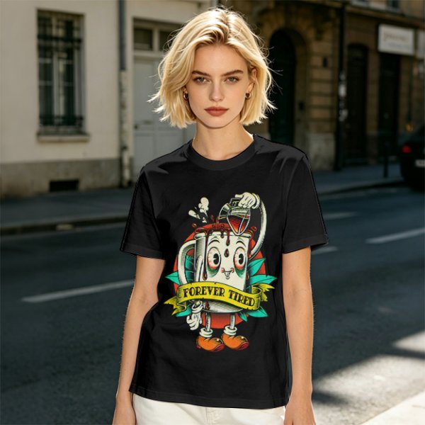 Forever Tired Coffee Mug Cartoon Character T-Shirt Design