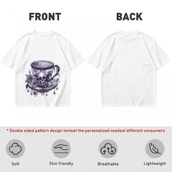 Olive T-shirt with Gothic Skull Teacup and Roses Print