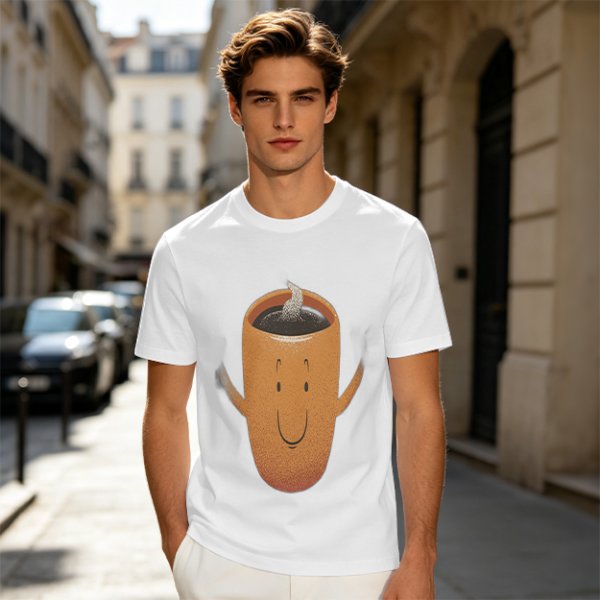 Olive Green T-Shirt With Happy Steaming Coffee Cup Graphic