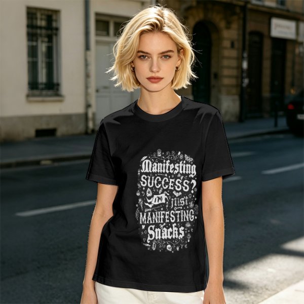 Olive T-Shirt With Funny Manifesting Snacks Success Quote Print