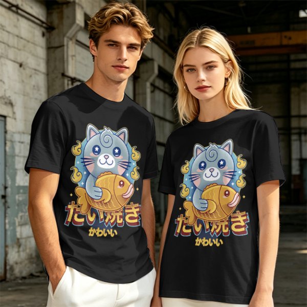 Olive green t-shirt with cute gray cat holding taiyaki graphic