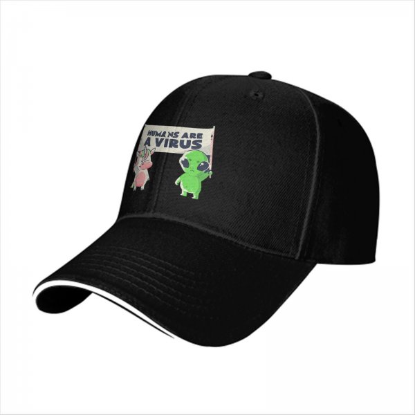 Black baseball cap with 'Humans Are A Virus' alien unicorn graphic