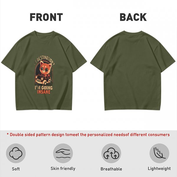 Olive T-Shirt With Red Panda Driving Car 'Destination? I'm Going Insane' Print