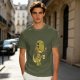 Olive T-shirt with a grumpy cartoon dinosaur holding a coffee mug