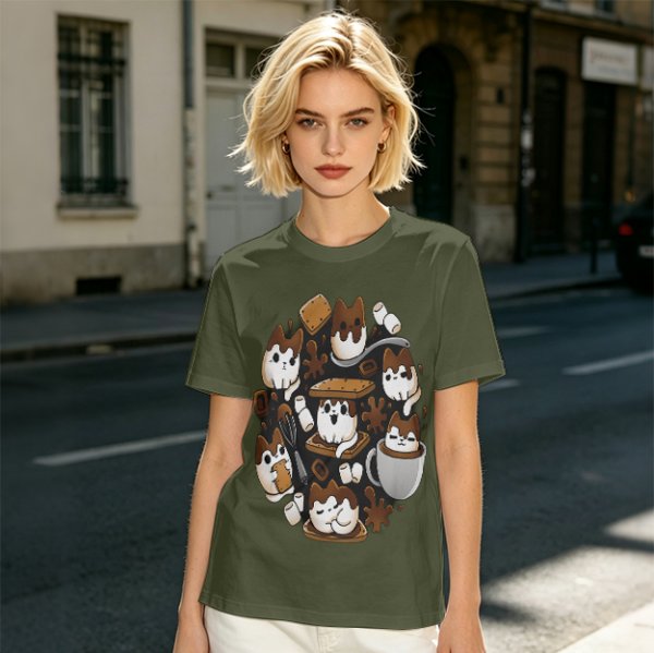 Olive T-Shirt With Cute S'mores Cat Graphic Design
