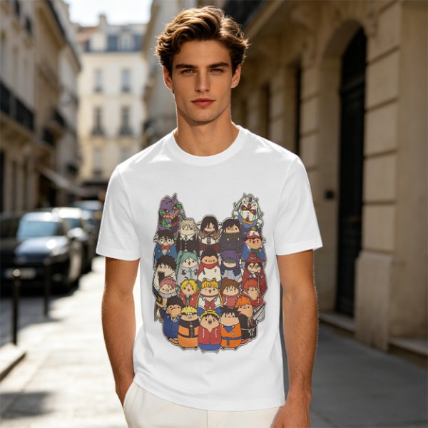 Olive T-shirt with cute chibi anime character group print