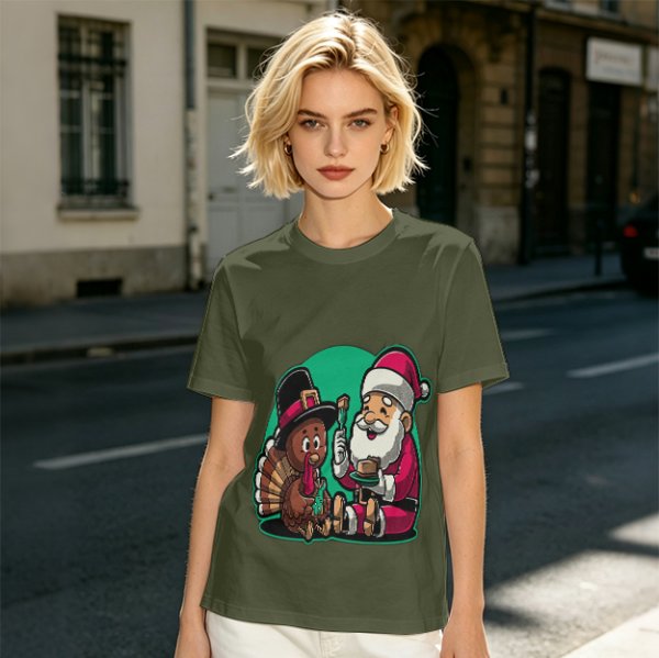 Olive T-Shirt with Santa and Thanksgiving Turkey Graphic
