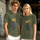 Olive T-shirt with Astronaut Cat 'I'm Just Here For The Milk' Print