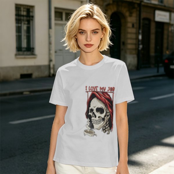 Olive Graphic T-Shirt with Skull and 'I Love My Job' Print