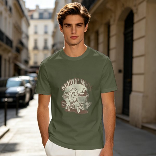 Olive green graphic t-shirt with good friends donut and coffee print