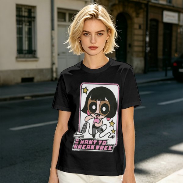Olive green graphic t-shirt with Powerpuff-style character and 'I Want To Break Free' text