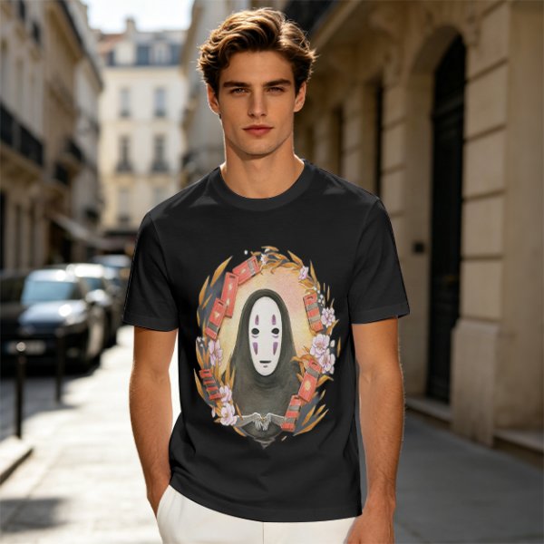 Spirited Away No-Face Graphic Tee with Cherry Blossoms and Lanterns