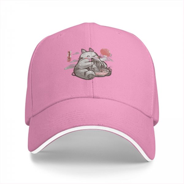 Black baseball cap with cute fox eating ramen sun and cloud design
