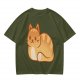 Olive Green T-Shirt With Cute Orange Tabby Cat Graphic