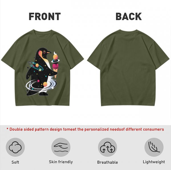 Olive T-Shirt With Cosmic Penguin And Ice Cream Print