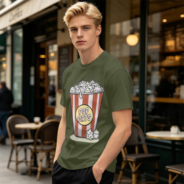 Olive T-Shirt With Pop Cats Popcorn Bucket Graphic