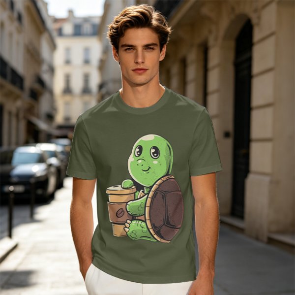 Olive Green T-Shirt With Cute Turtle Holding Coffee Cup Print