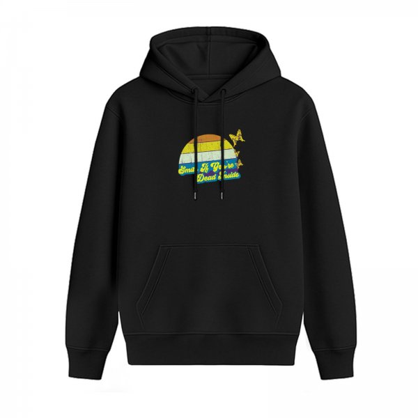 Black hoodie with retro sunset and 'Smile If You're Dead Inside' print