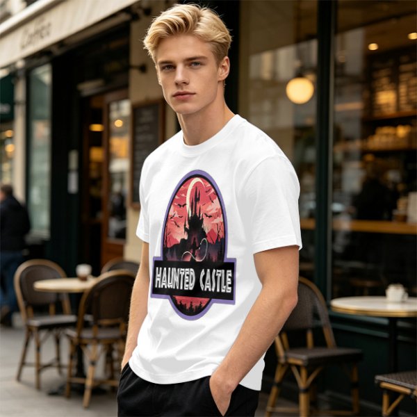 Olive T-Shirt with Haunted Castle Silhouette Graphic Design