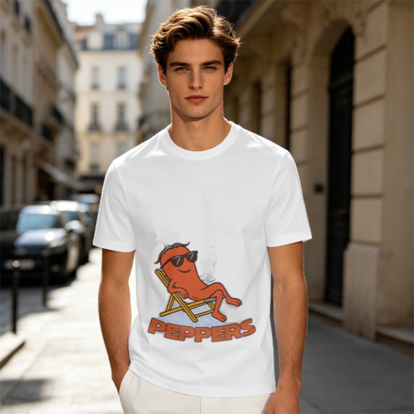Olive T-shirt with Relaxed Cartoon Chili Pepper Wearing Sunglasses and Peppers Text