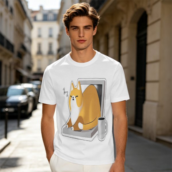 Olive T-Shirt with a Sleeping Cat on a Laptop Print