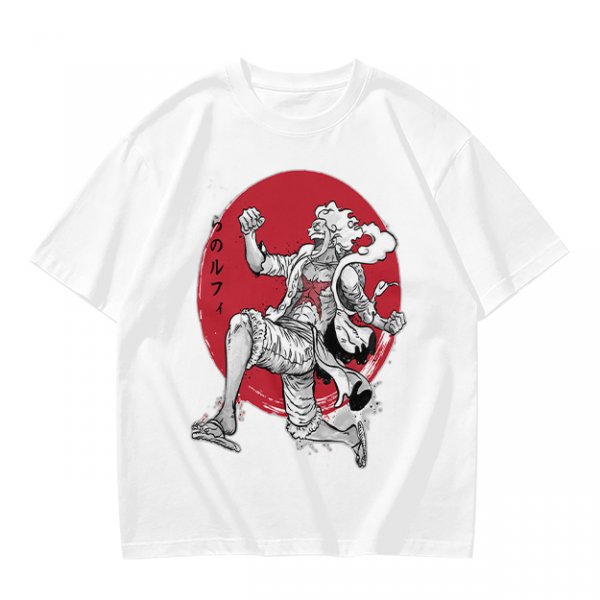Olive T-shirt with Luffy Gear 5 Sun God Nika Anime Print