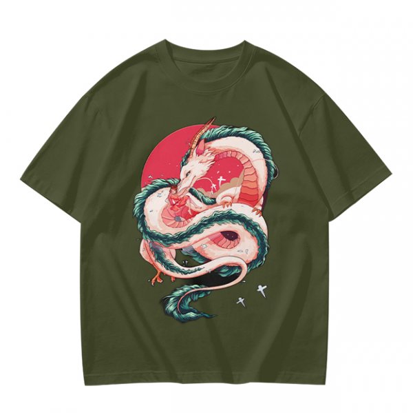 Olive T-shirt with stylized white dragon and red circular graphic print