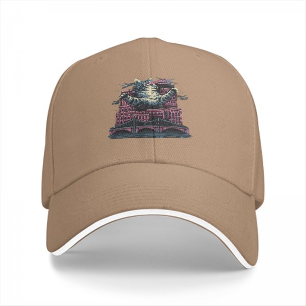 Black Baseball Cap With Giant Monster Cat Cityscape Art Print