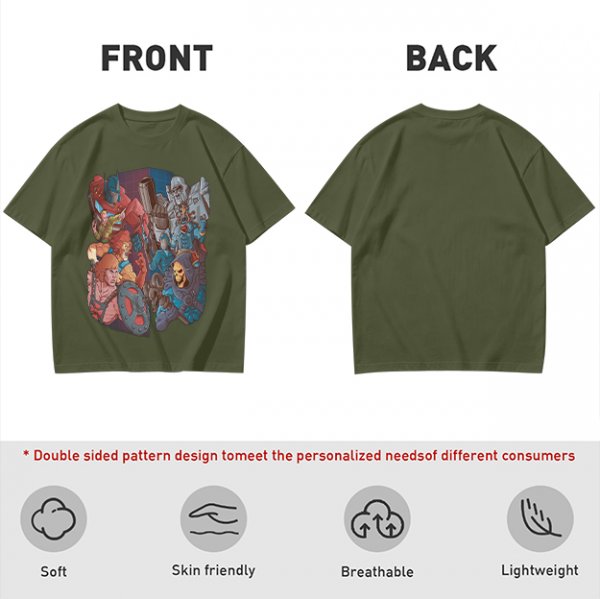 Olive T-shirt with 80s cartoon character crossover graphic