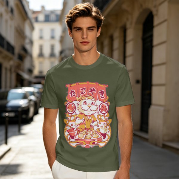 Olive T-Shirt with Cute Takoyaki Chef Graphic Print