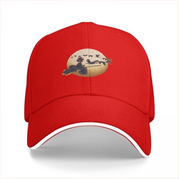 Black baseball cap with witch on broom silhouette against moon and birds