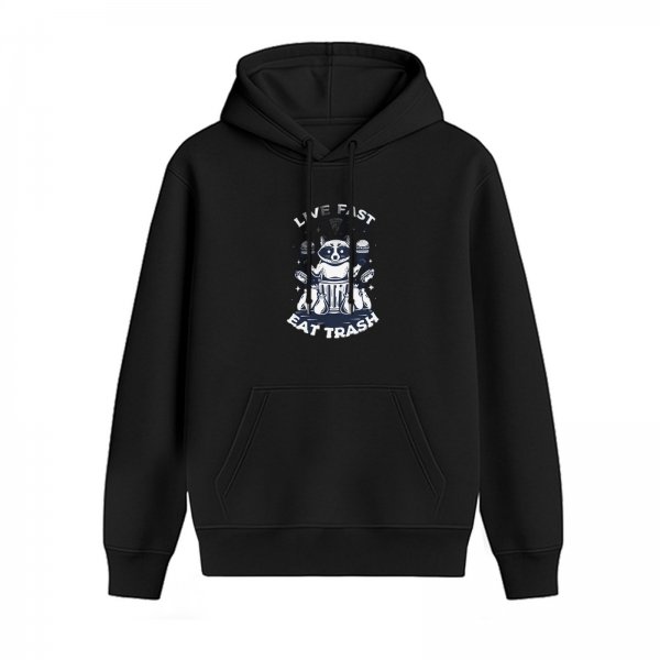 Black hoodie with raccoon 'Live Fast Eat Trash' graphic print