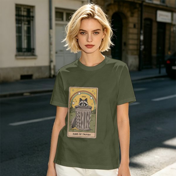 Olive T-Shirt With Raccoon Trash Tarot Card Graphic